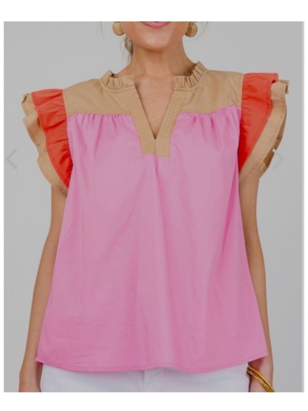 Voy Kendra Colorblock Ruffle Sleeve Poplin Top Pink Tan Red M BohoChic preppy